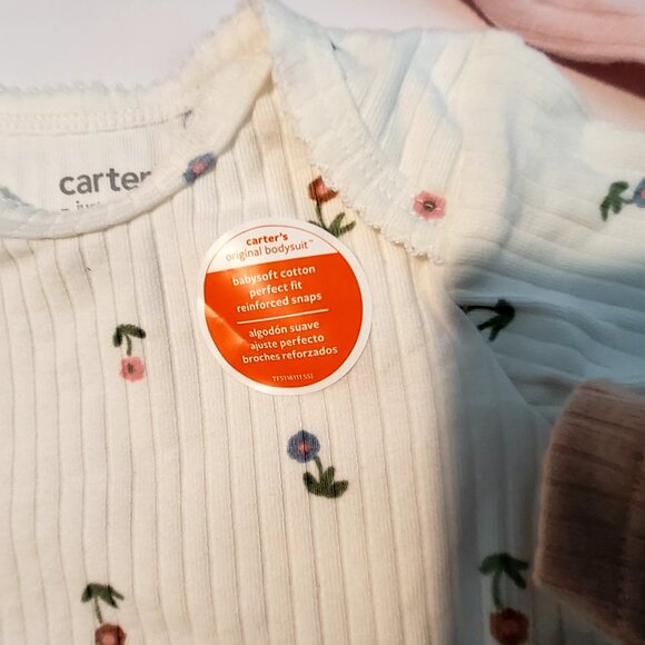 Carters Baby Onesies Set Of 3 - 9M Pink White & Brown Ribbed Cotton Short sleeve - Picture 3 of 9